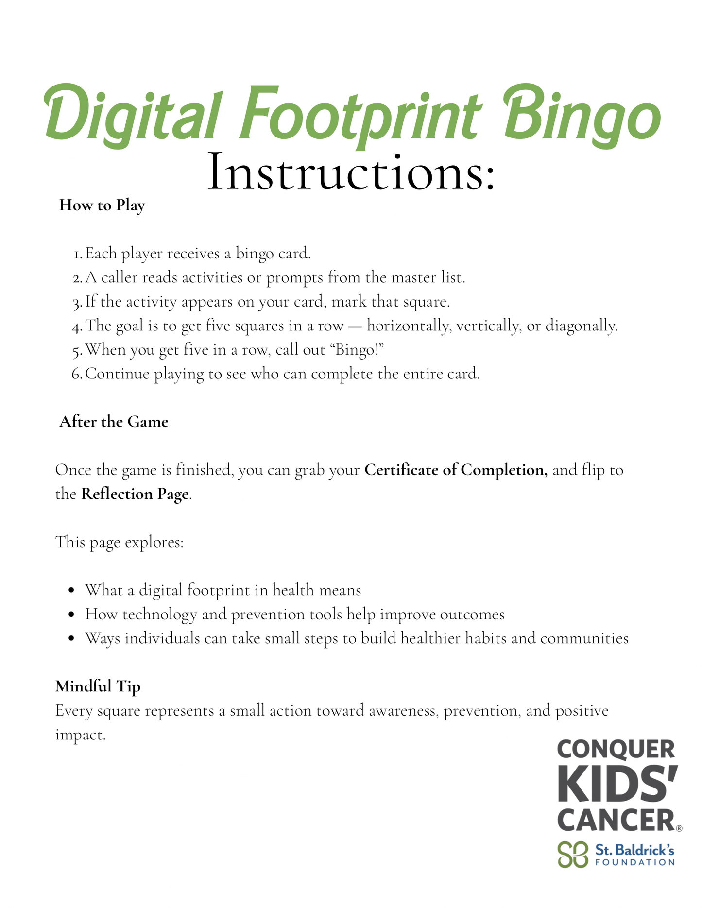 The Mindful Daily + St. Baldrick’s Digital Footprint Bingo